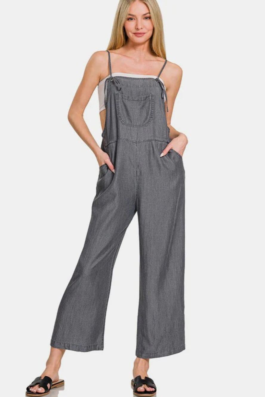 Zenana Washed Adjustable Strap Wide Leg Lightweight Denim Overalls